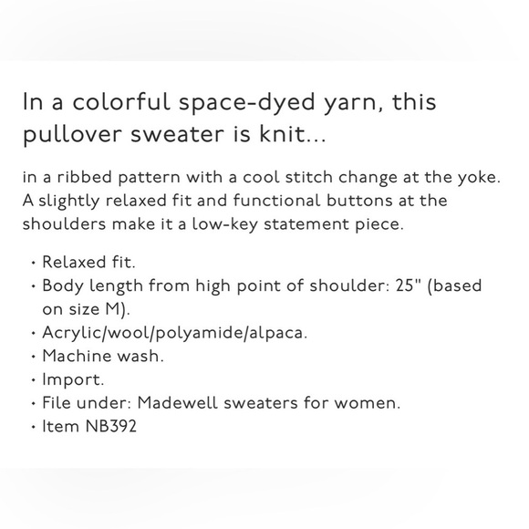 Madewell Space-Dyed Button Shoulder Crew Neck Knit Sweater, Multicolored, Small - Picture 16 of 16